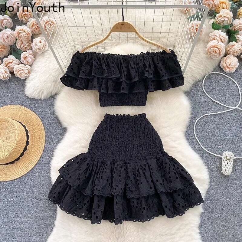 Women Clothing Summer Suit 2 Piece Sets Slash Neck Ruffles Crop Tops Bodycon Mini Skirt Outfits Hollow Out Folds Sweet Chic Set
