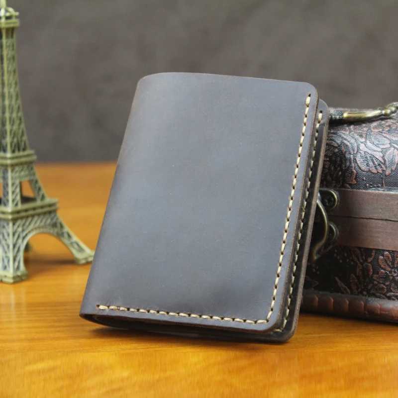 Handmade Vintage Crazy Horse Genuine Leather Wallet Men Purse Leather Money Clips Short Male Money Bag with Coin Pocket Vertical Z250621