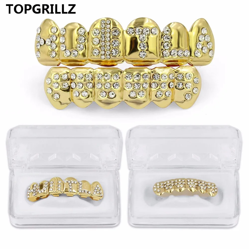TOP Gold Color Plated Iced Out Letter CZ Stone Hip Hop Teeth For Mouth Caps Top Bottom Grills Set Classic tooth 250613