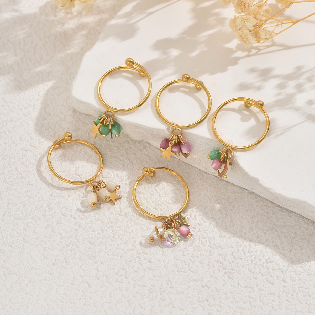 Style Women's Personality Inlaid Rice Bead Design Star Moon Open Versatile Index Finger Ring