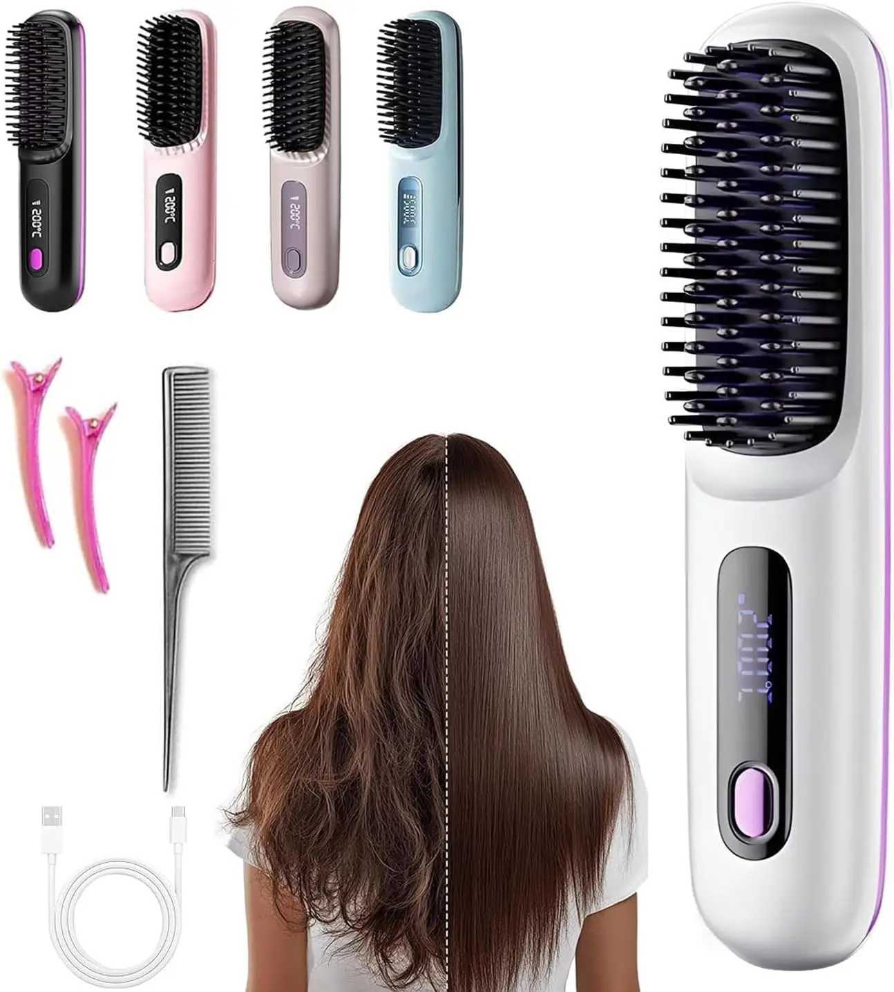 Electric LCD Usb Hair Straightener Brush -Portable Mini Hair Straightener Comb Dual Voltage with 3Temp-SettingsTravel-ReadyXJ250621