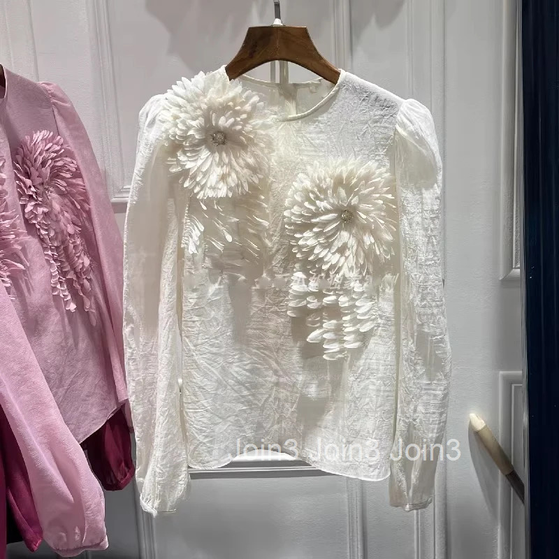 2025 Blusas Mujer De Moda Solid Color Blouse Women Clothing 3D Floral Shirts Long Sleeve O-neck Loose Korean Summer Blouses Tops
