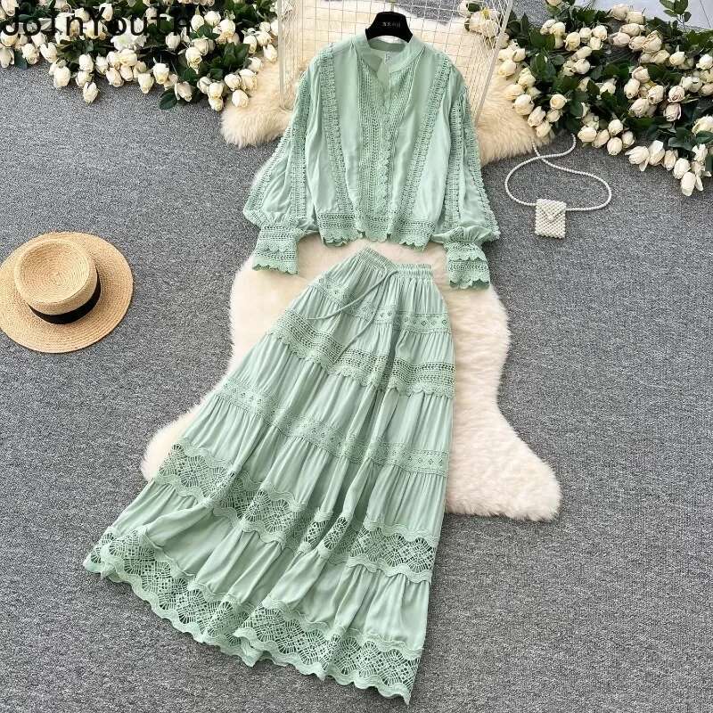 Women Clothing Vintage 2 Piece Set Patchwork Lace Stand Neck Shirt High Waist A-line Loose Skirt Outfits Hollow Out Vintage Suit