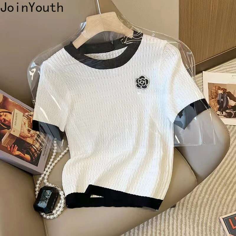 Knitted Woman Tshirts Ropa Mujer Short Sleeve O-neck Summer Tees Loose Fashion Korean T Shirt Crop Tops 2025 Shirts for Women