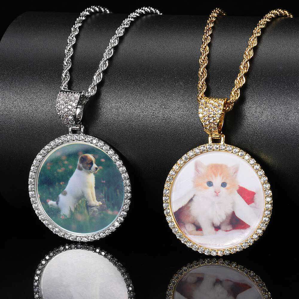 Hip Hop Small Round Trendy DIY Creative Photo Frame Zircon Pendant Men's Necklace 0b36