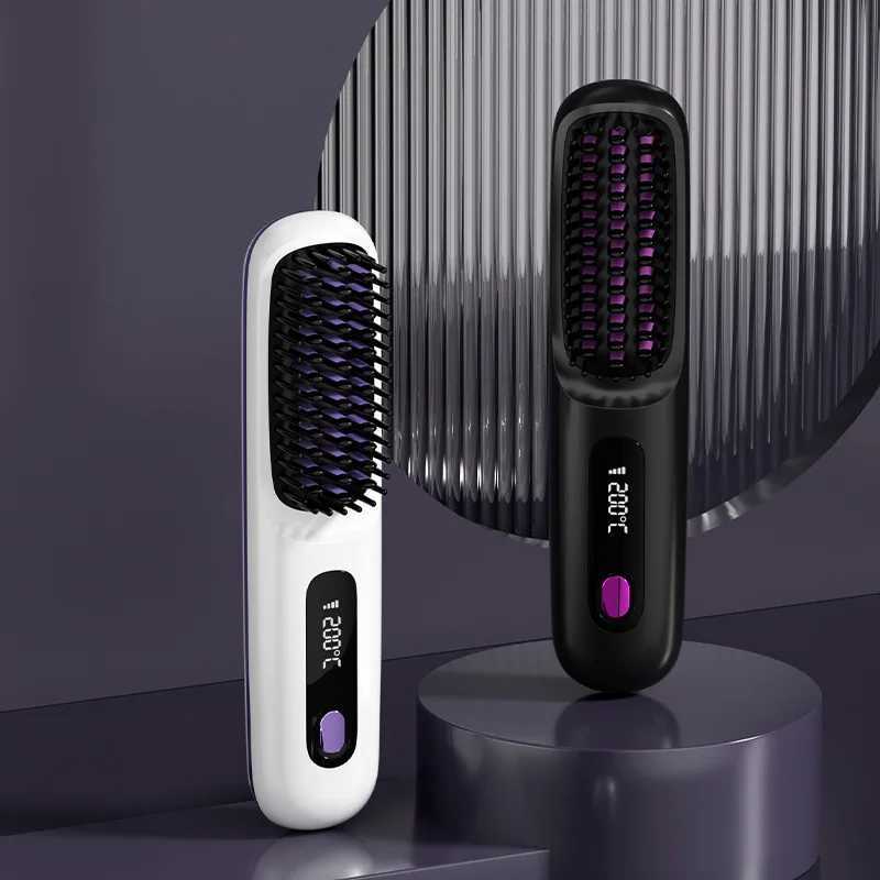 LCD Straight Hair Comb Portable Travel Hair Straightener Anti-Scald Heated Styling Brush USB Charging Cordless Hair StraightenerXJ250621