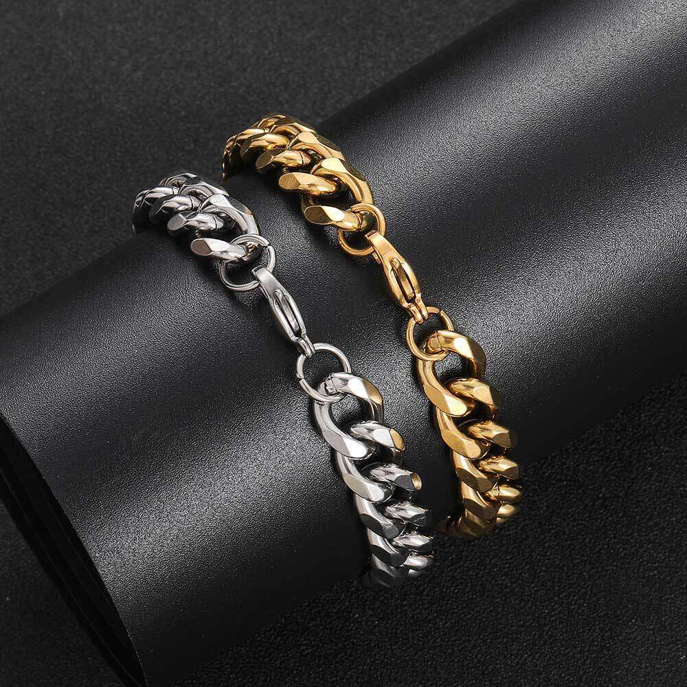 Trendy Hip-Hop 11mm Titanium Necklace Six-Sided Polished Cuban Chain Stainless Steel Men's Bracelet Jewelry 63f7
