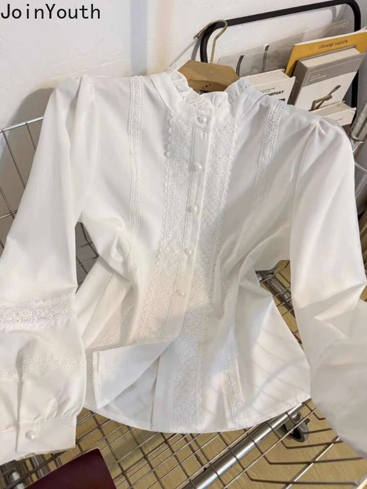 Temperament Lady Tops White Women Blouses Stand Neck Lace Ruffles Shirts 2025 Blusas Mujer De Moda Lantern Sleeve Vintage Blouse