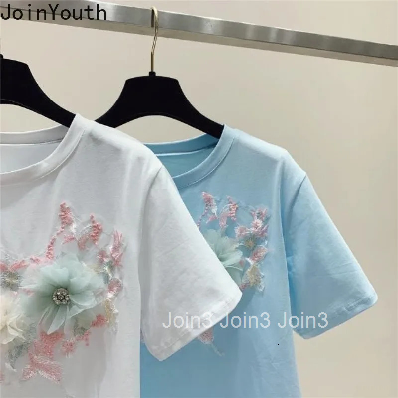 Summer Woman Tshirts Casual Tees 3D Floral Embroidery T Shirt Oversized Tops Short Sleeve O-neck Chic Camisetas Women Clothing