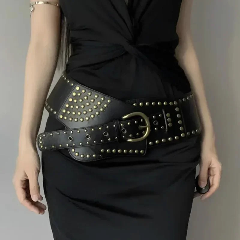 Vintage Rivet Punk Wide Belts American Y2K Metal Pu Spice Girls Waistband Western Heavy Duty Irregular Skirt Decoration 250618
