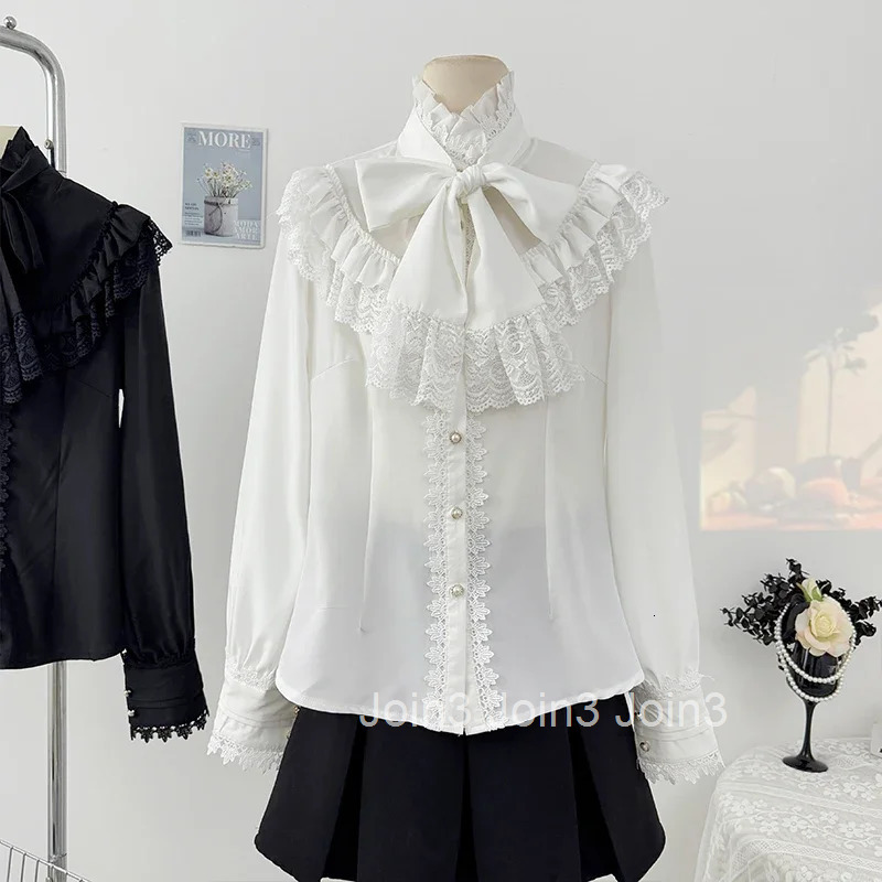 Lolita Style Women Tops Camisas De Mujer Bandage Bow Stand Neck Blouses Womens Clothing Patchwork Lace Vintage Blouse Shirts