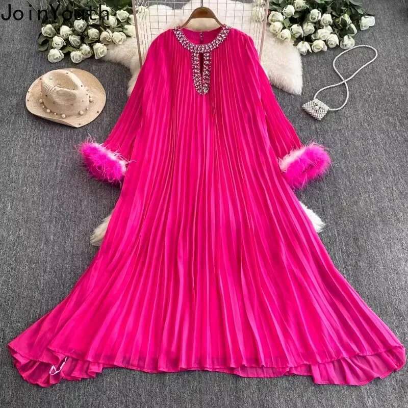 Korean Chic Woman Maxi Dresses Diamond O-neck Feather Loose Flare Sleeve Robe Femme Vintage Pleated Dress 2025 Vestidos De Mujer