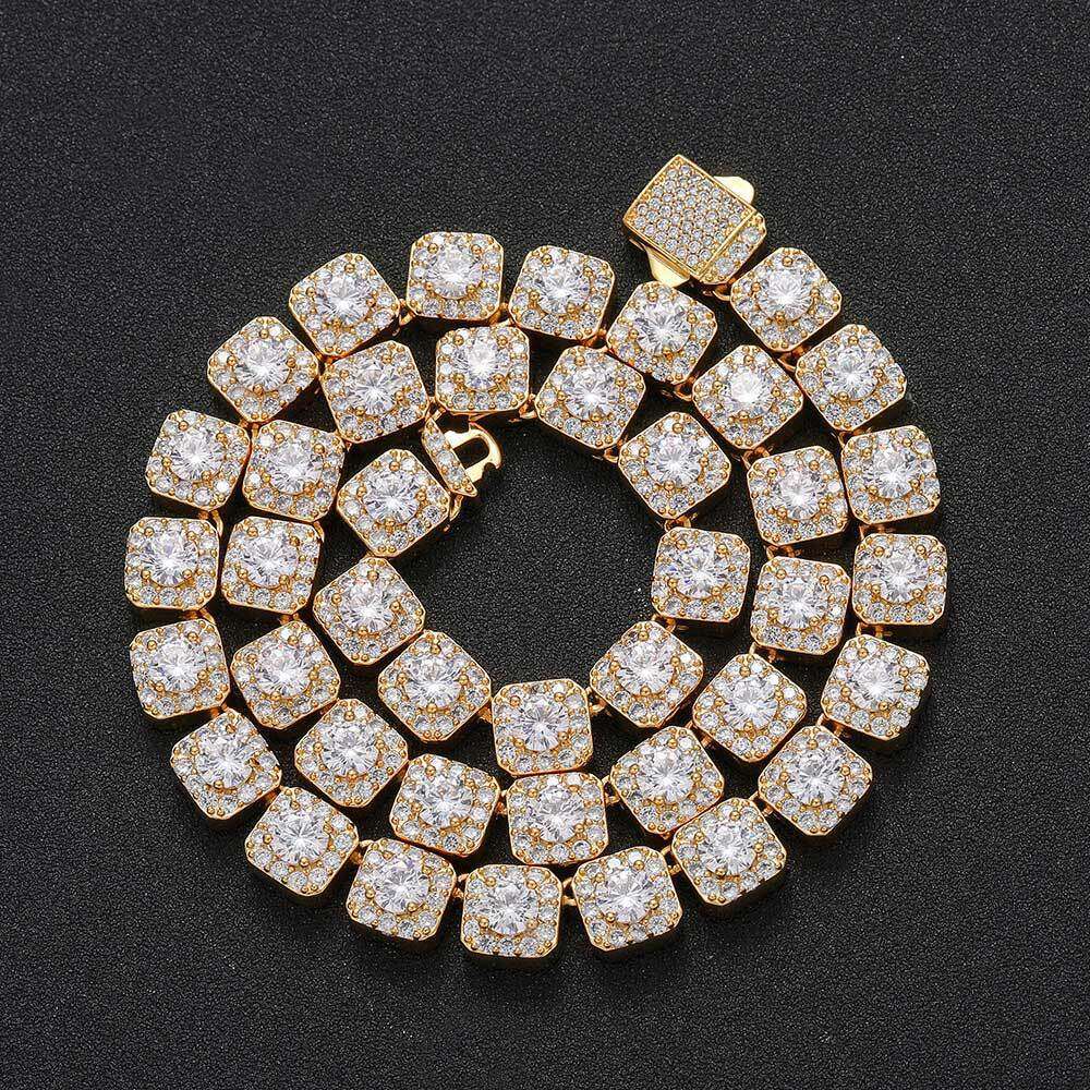 10mm Spring Clasp Square Ice Sugar Chain Zircon Trendy Brand Hip Hop Men's Necklace bc41