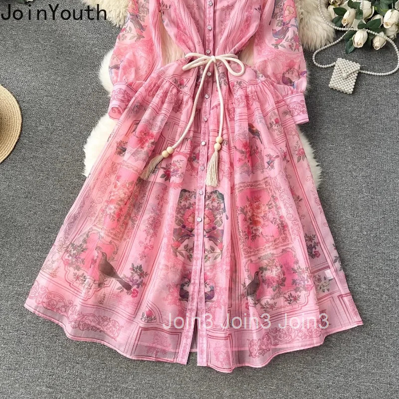 Summer Maxi Dresses Women Clothing Vintage Floral Robe Femme 2025 Vestidos De Mujer High Waist Tunic Chiffon Temperament Dress