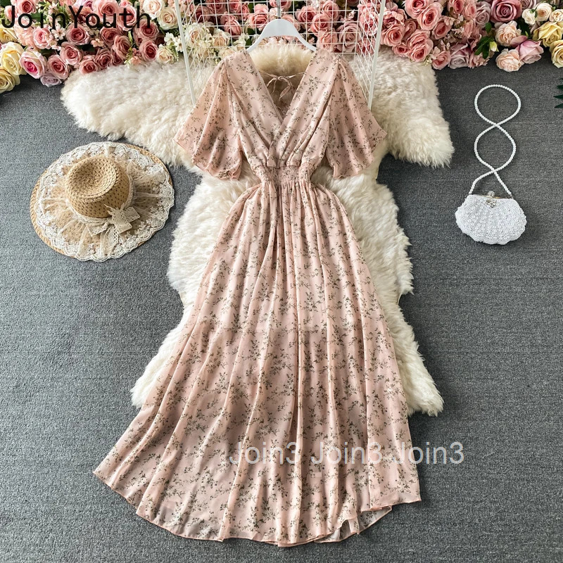 Floral Elegant Dresses for Women V-neck Slim Waist Vintage Robe Femme 2025 Vestidos De Mujer A-line Big Swing Summer Maxi Dress