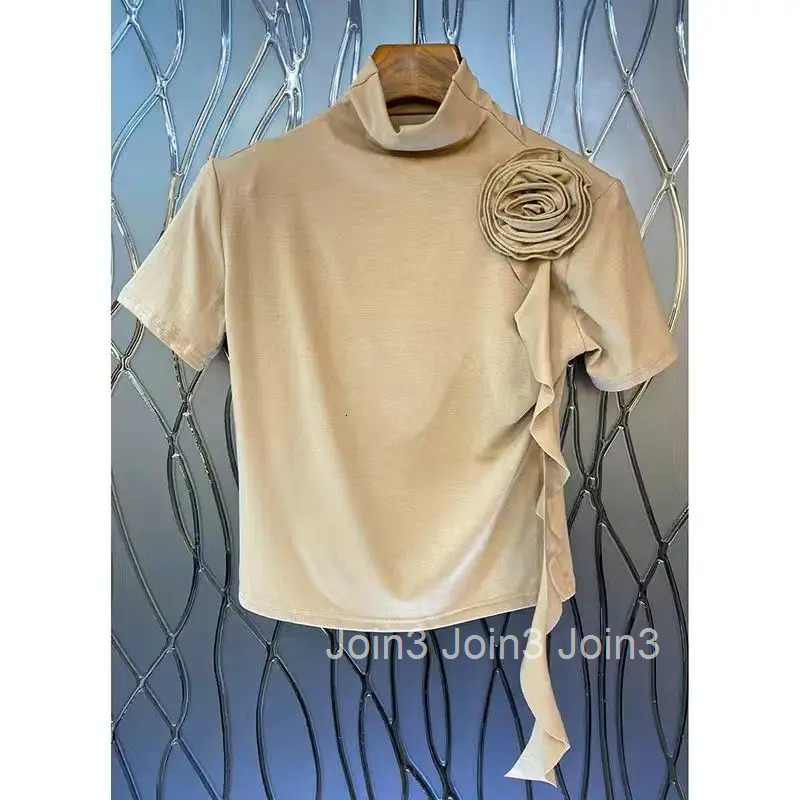 Crop Tops Temperament Woman T Shirts Solid Color Tunic Tees Turtleneck Short Sleeve Camisetas Chic 3D Floral Summer T-shirts