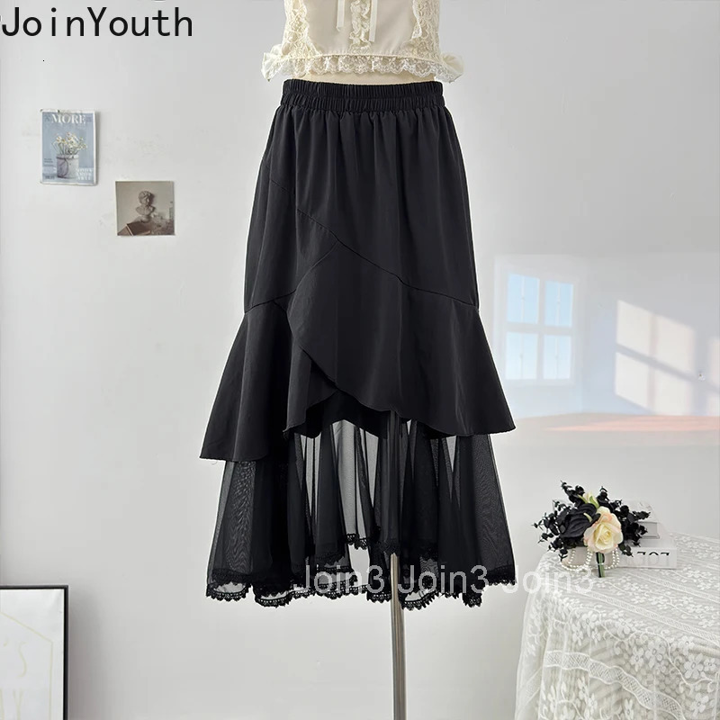 Summer Women Skirt Patchwork Gauze High Waist Folds Jupe Fashion Korean Saia 2025 Faldas Mujer De Moda Irregular Chic Skirts