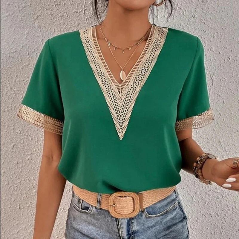 Fashion V-neck Lace T-Shirts Women Summer Casual Top Tees Harajuku Blusas Tee Shirt Streetwear Woman Clothes Camisetas Ropa 250619