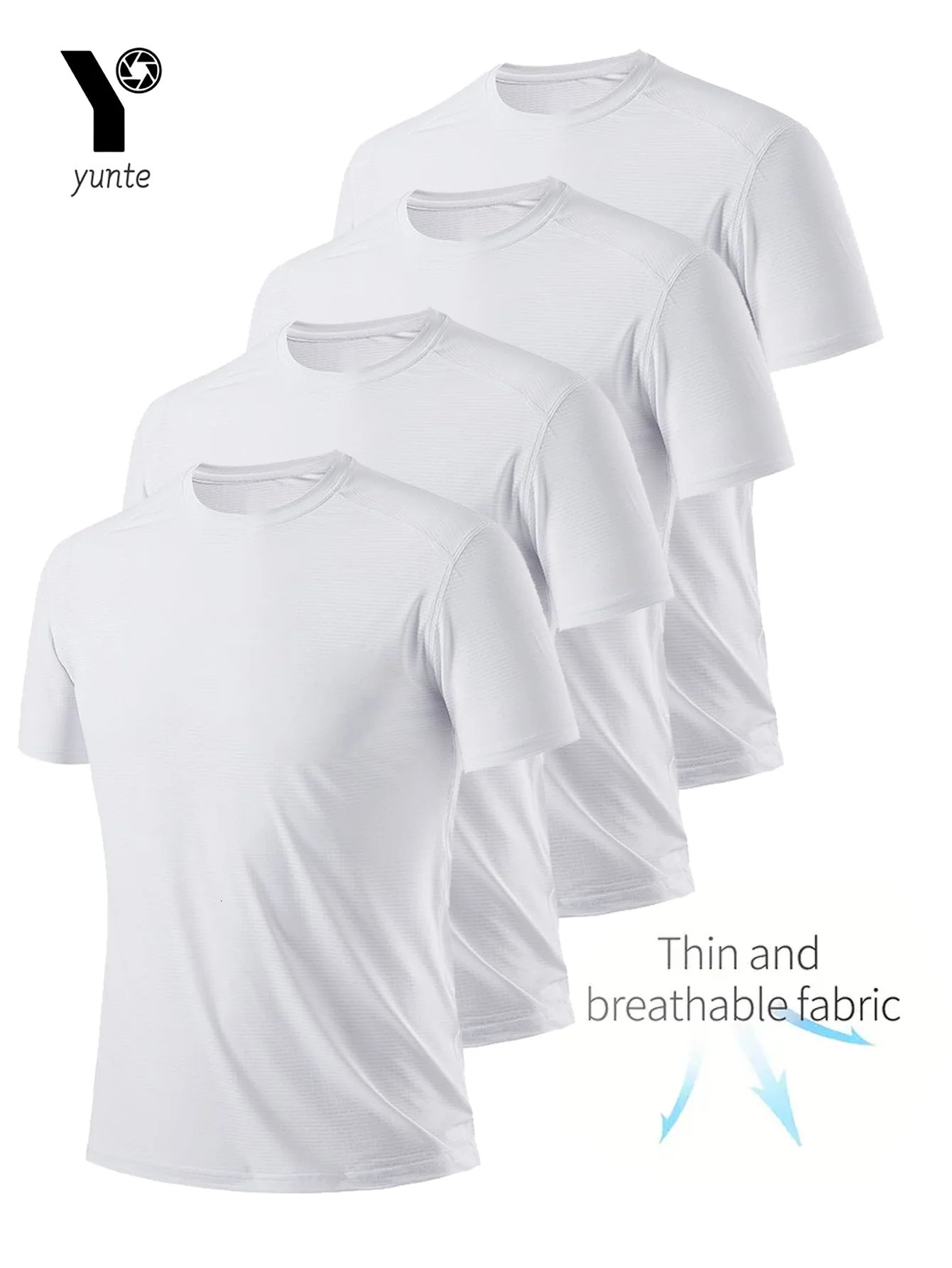 Round Neck T-Shirt 4-Pack White Ultra-Light Mens Quick Drying Breathable Sweat-Absorbent Shirt Suitable for Fitness Gym and Run 250617