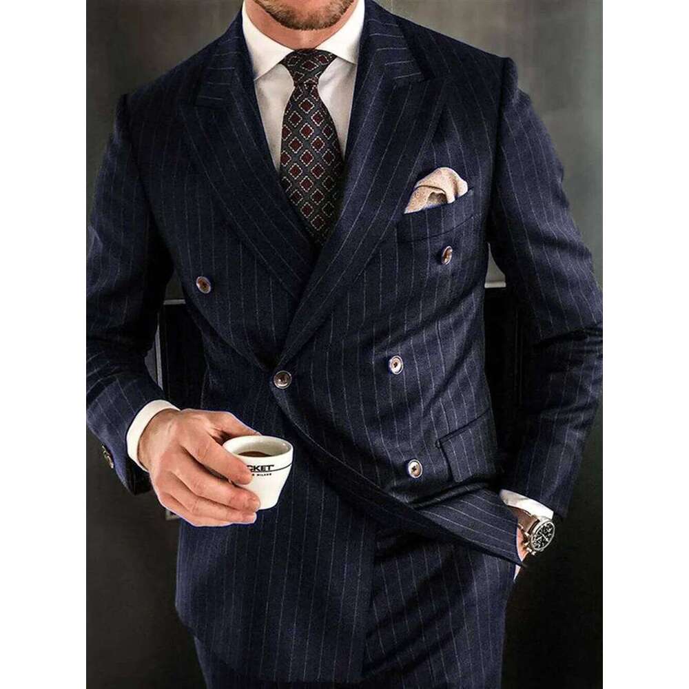 2 Piece Chic Pinstripe Navy Blue Men Suits Set High Quality Formal Double Breasted Peak Lapel Suit Slim Fit Smart Casual Tuxedo