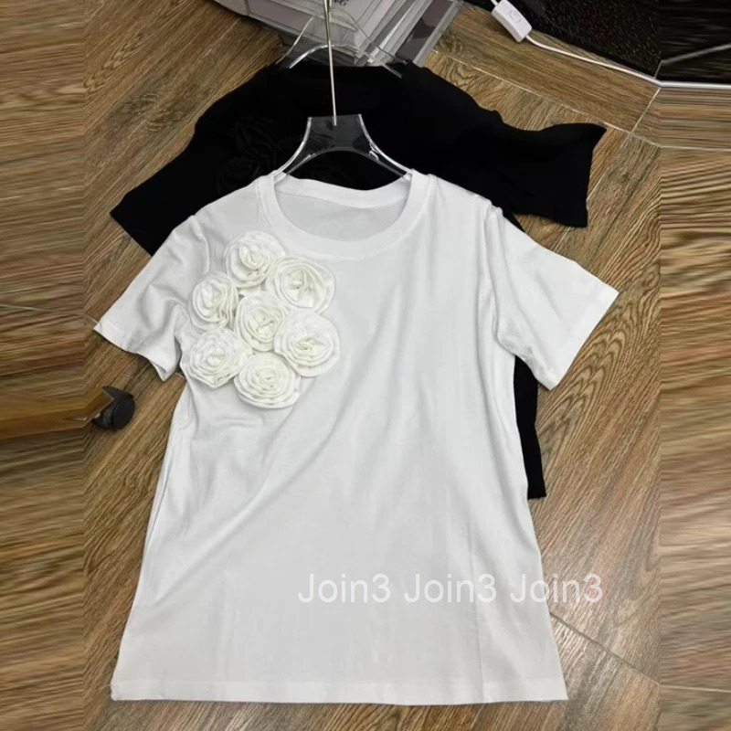 Summer Tshirts for Women 2025 Ropa Mujer Short Sleeve O-neck Tees Fashion Korean Camisetas 3D Floral Sweet Casual T-shirt Tops