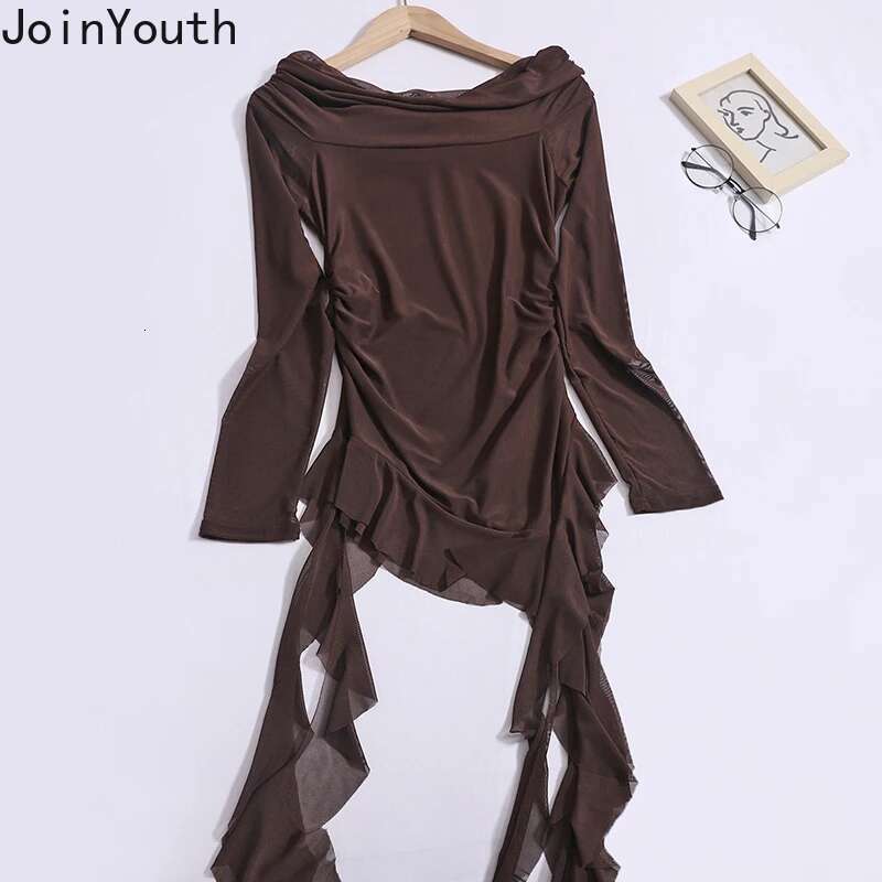 Woman Tshirts Y2k Top Slash Neck Long Sleeve Tunic Tees 2025 Ropa Mujer Fashion Irregular T Shirts Ruffles Tops Korean Camisetas