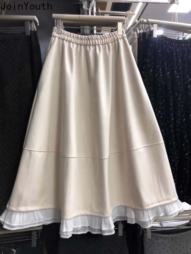 Patchwork Ruffles Woolen Women Skirt Temperament Jupe Vintage Korean Saia High Waist Thicked Skirts 2025 Faldas Mujer De Moda