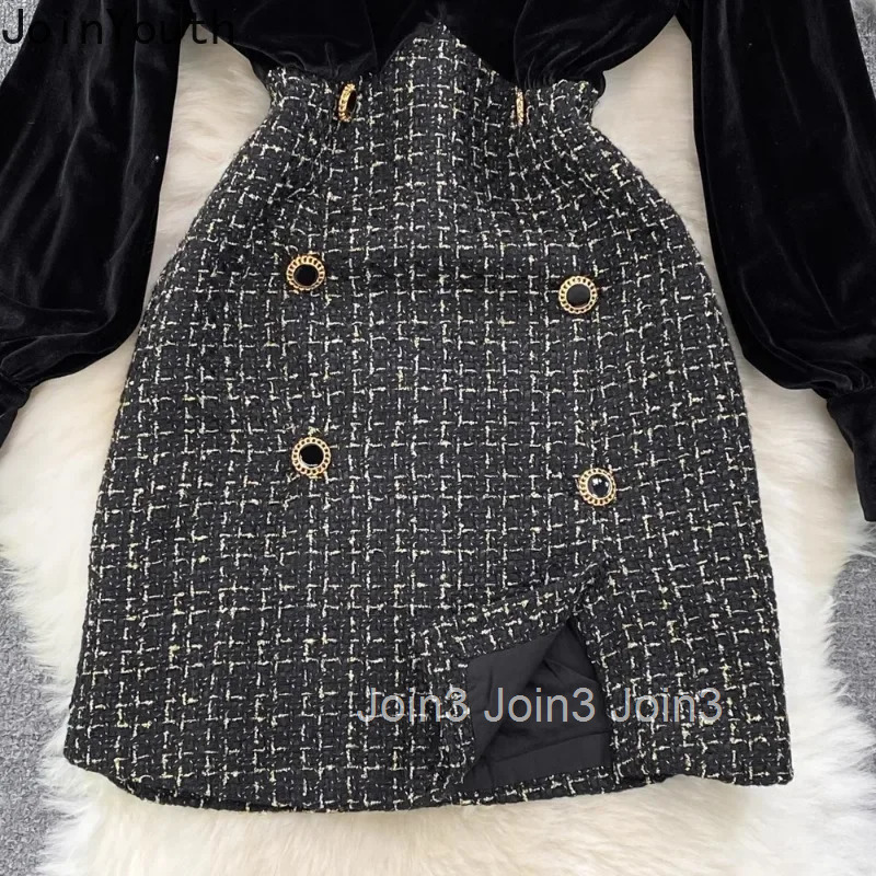 2025 Vestidos De Mujer Contrast Color Dresses for Women Stand Neck Temperament Robe Femme Slim Waist Double-breasted Tweed Dress