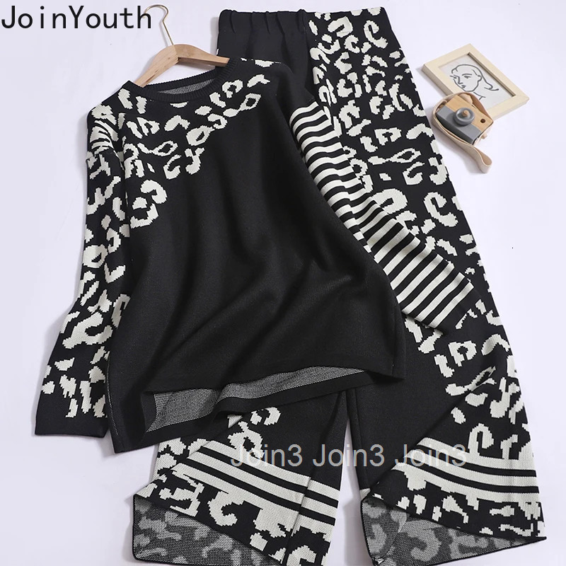 Pants Outfits Knitted Two Piece Sets Long Sleeve Oversized Pullovers High Waist Wide Leg Pants Suit Casual Fashion Leopard Set