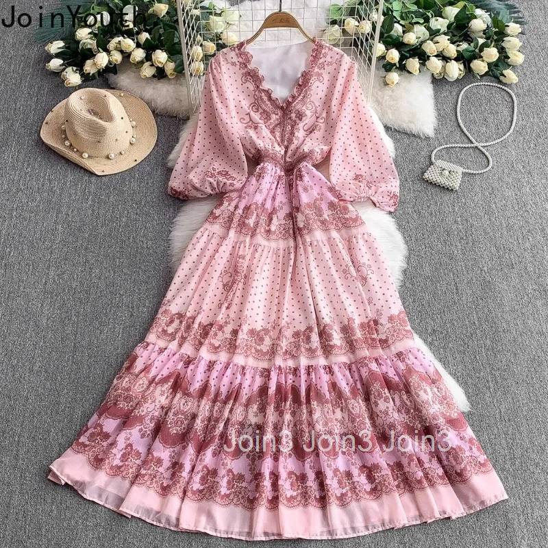 Elegant Print Dress Women V-neck Ruffles Lantern Sleeve Robe Femme 2025 Vestidos De Mujer Vintage Big Swing Summer Maxi Dresses