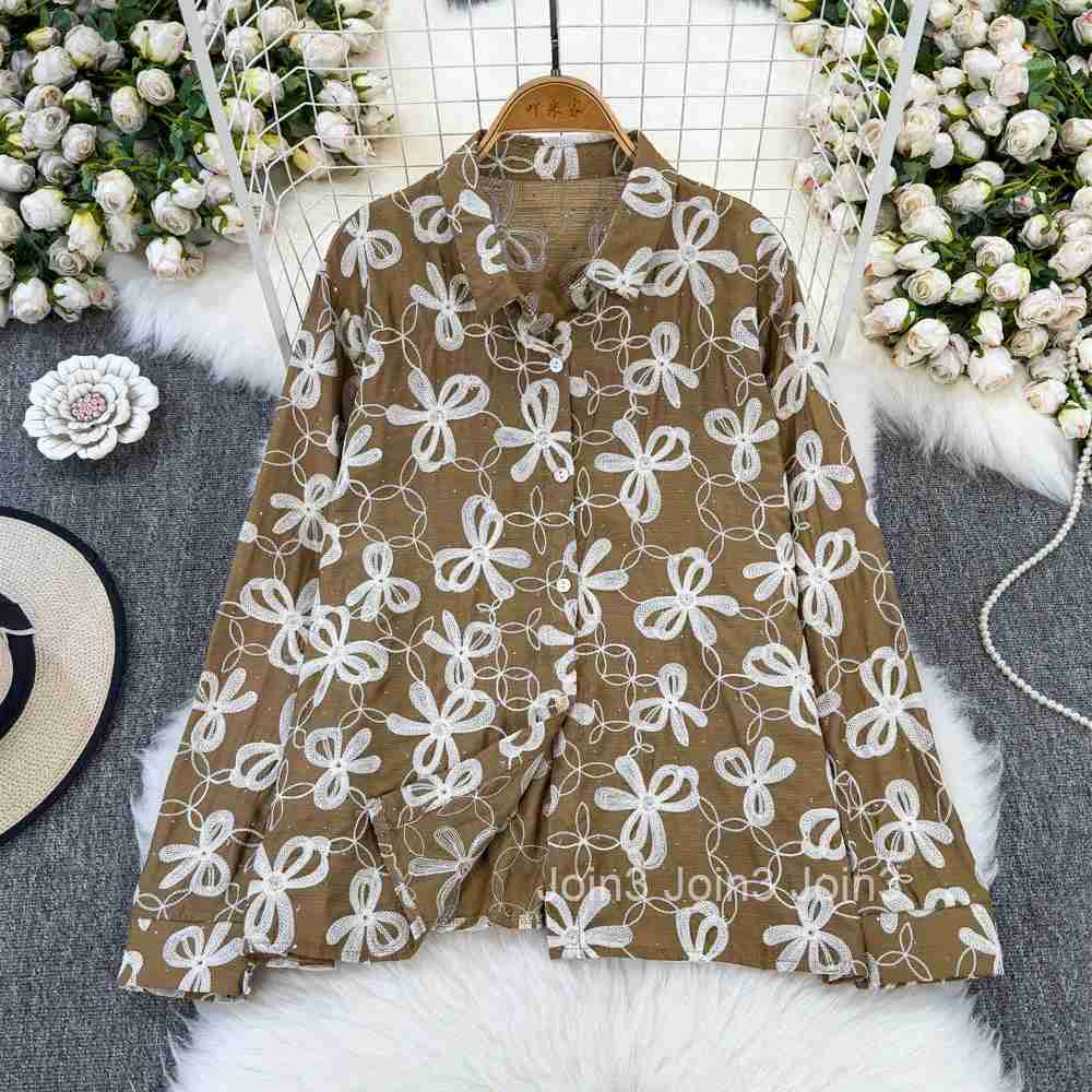 Blouses for Women Long Sleeve Heavy Diamond Embroidery Shirts 2025 Blusas Mujer De Moda Loose Vintage Fashion Korean Blouse Tops