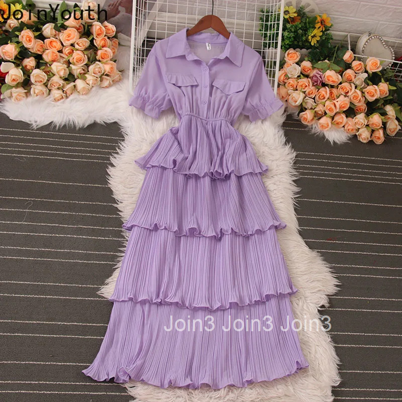 Vintage Woman Dress 2025 Vestidos De Mujer Short Sleeve Tunic Slim Waist Pleated Maxi Dresses Chic Summer Temperament Robe Femme