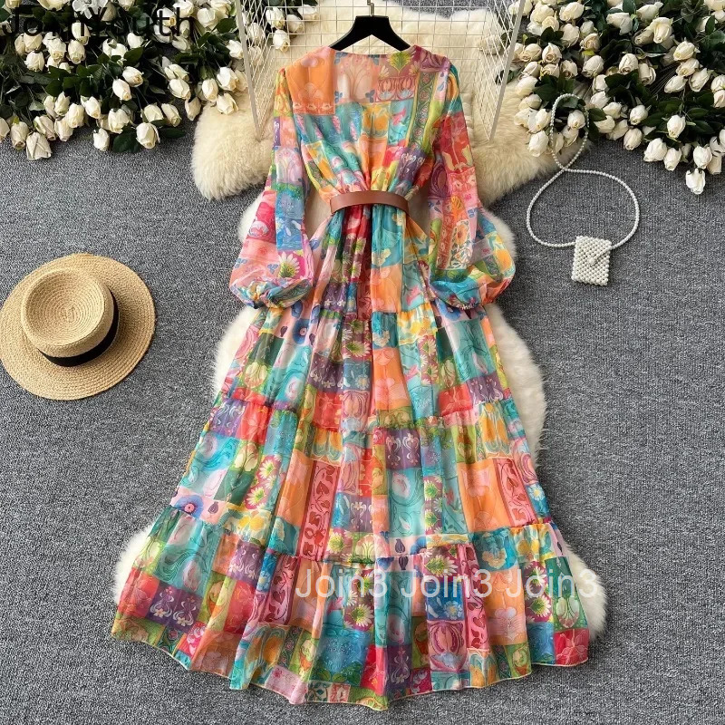 2025 Vestidos De Mujer Maxi Dress for Women V-neck Lantern Sleeve Chiffon Robe Femme Slim Waist Floral Big Swing Summer Dresses
