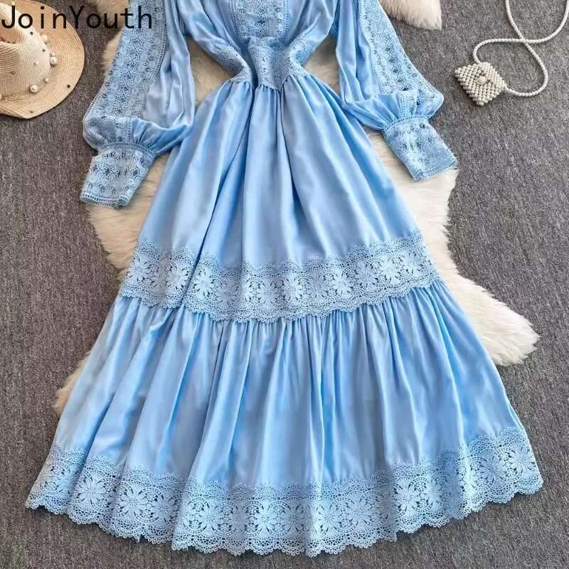 Korean Dress for Women 2025 Vestidos De Mujer Patchwork Lace Hollow Out Dresses Slim Waist Lantern Sleeve Temperament Robe Femme