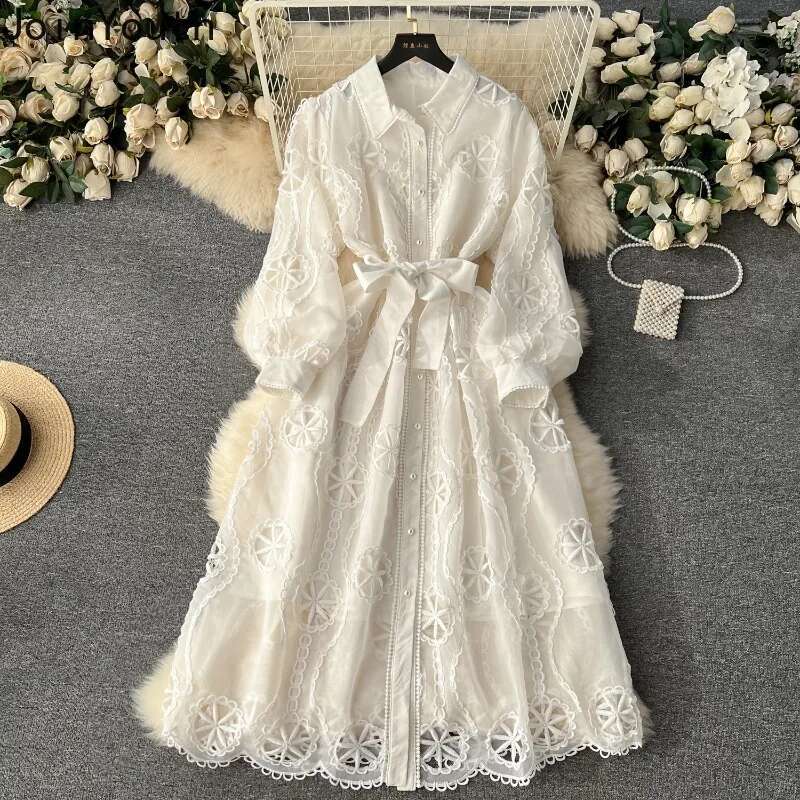 Maxi Dresses for Women Vintage Heavy Embroidery Robe Femme Single Breasted Bandage A-line Hollow Out Dress Vestidos De Mujer