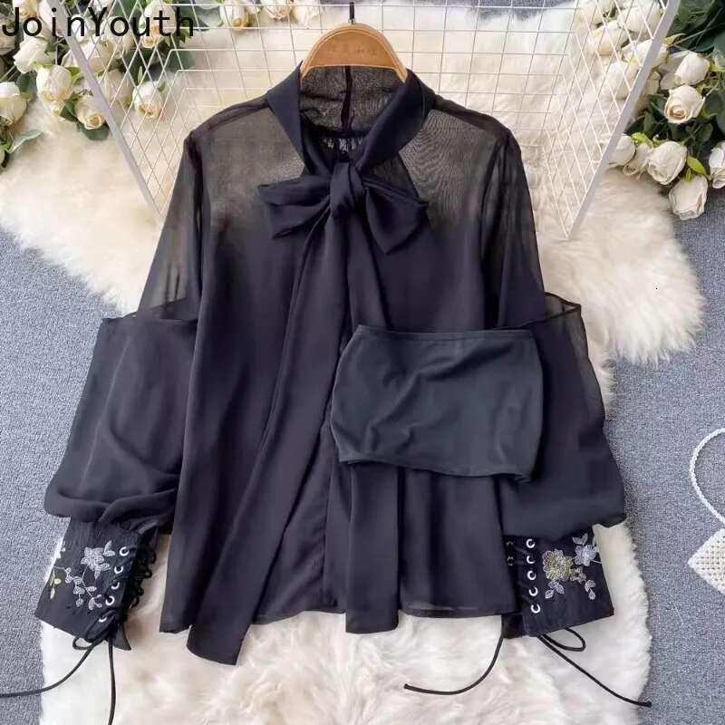 Womans Clothes for 2025 Two Piece Sets Badage Bow Shirts High Waist Bodycon Embroidery Skirt Outfits Roupas Femme Vintage Set