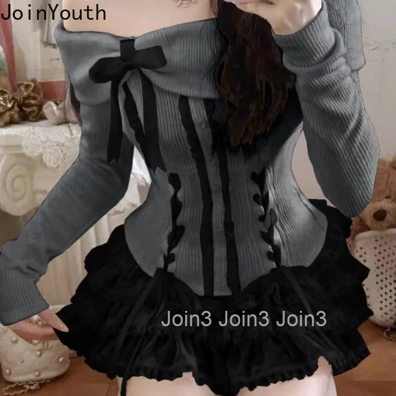 Two Piece Sets Womens Outfits Y2k Clothing Slash Neck Bandage Lace Bow Tops A-line Sweet Mini Skirt Suit Chic Cute Skirts Set