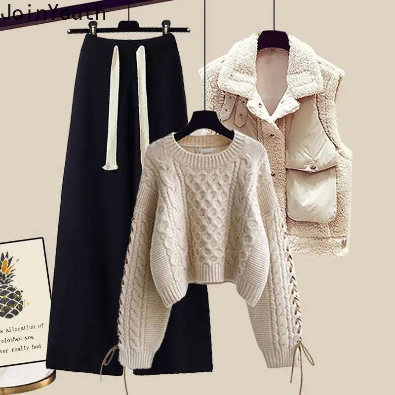 Winter Clothing Fashion 3 Piece Sets for Women Thicked Warm Vest O-neck Casual Pullovers High Waist Wide Leg Pants Suit Knit Set