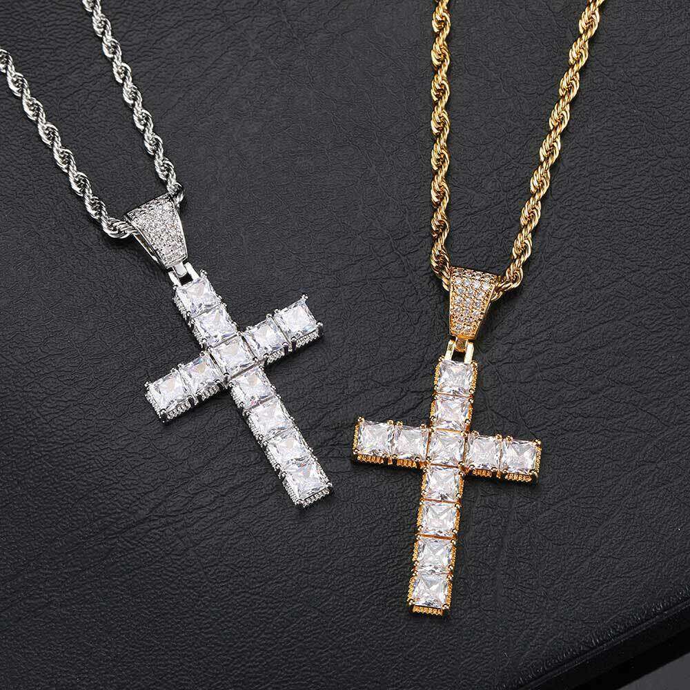 Square Zircon Cross Necklace Personality Hip-Hop Accessories Trendy Pendant 5526