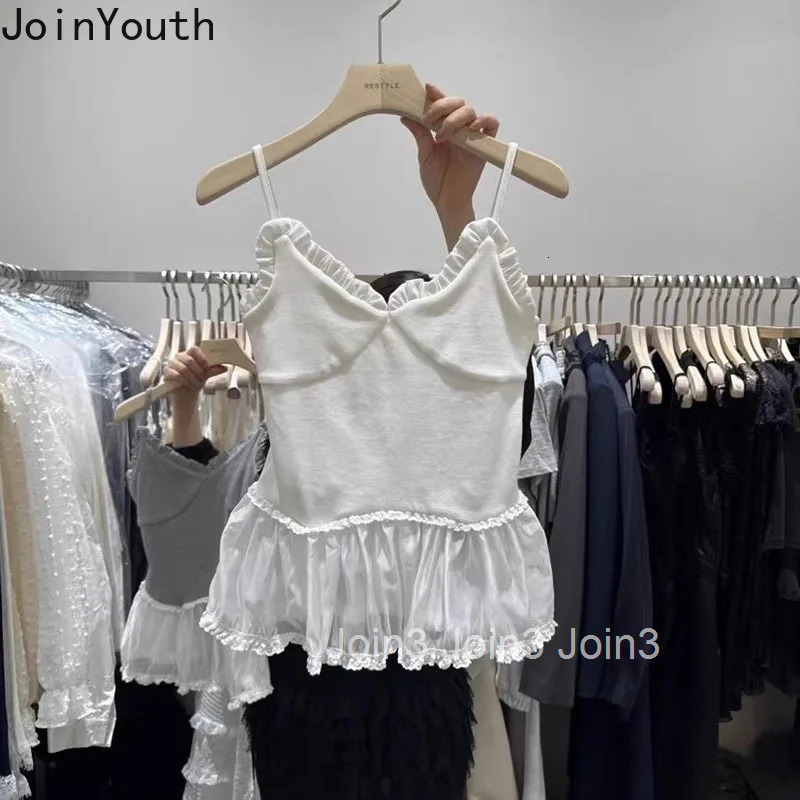 2025 Ropa Mujer Crop Tops Patchwork Contrast Color Sleeveless Sling Vest Women Clothing Sweet Ruffles Backless Sexy Tanks Women
