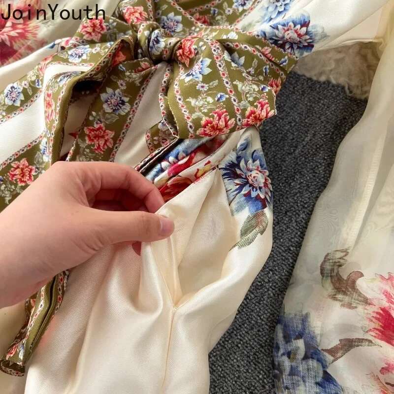 Floral Summer Dress Women Slim Waist Bandage Temperament Robe Femme 2025 Vestidos De Mujer Vintage Elegant Maxi Dresses 27w921