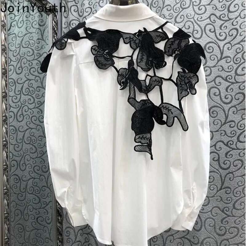 2025 Camisas De Mujer Long Sleeve White Blouses for Women Lace Embroidery Shawl Korean Tops Loose Fashion Puff Sleeve Shirts