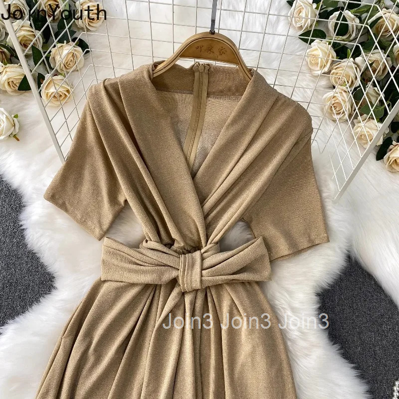 Maxi Dress for Women Bandage Slim Waist Tunic Robe Femme V-neck Short Sleeve Big Swing Summer Dresses 2025 Vestidos De Mujer