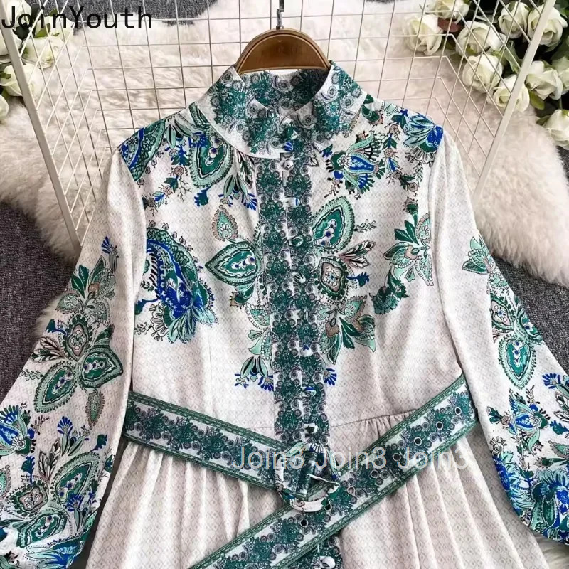 Stand Neck Maxi Dresses for Women Temperament Robe Femme Single Breasted Floral Vintage Slim Waist Dress Korean Vestido Femme