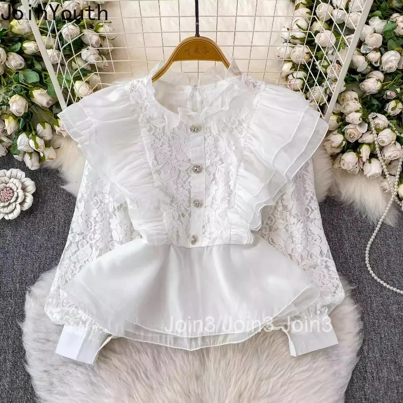 Sweet Blouse Womens Clothing 2025 Camisas De Mujer Slim Waist Stand Neck Patchrk Lace Shirts Ruffles Fashion Summer Crop Tops