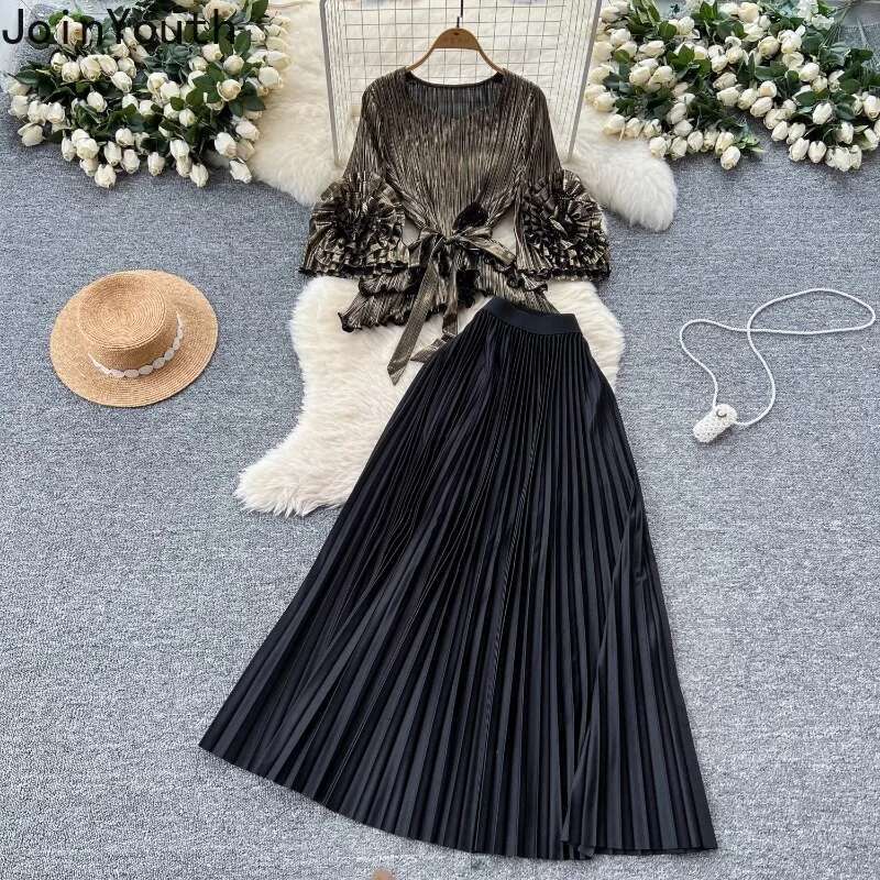 Temperament Two Piece Set Women Clothing Bandage Floral Irregular Tops High Waist Loose Pleated Skirt Suit Chic Vintage Outfits