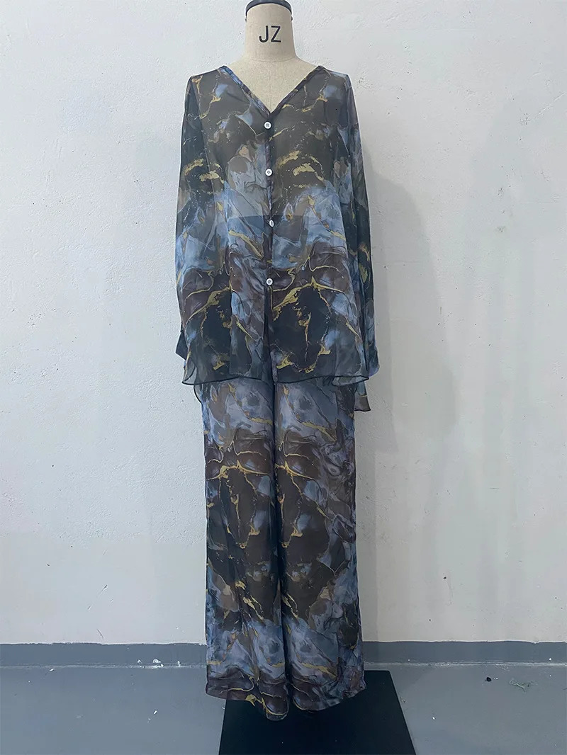Muslim Two Pieces Print Sets Dubai Abaya Women Buttons Shirts Tops Wide Leg Pants Kaftan Islam Ramadan Morocco Turkish Outfits 250617