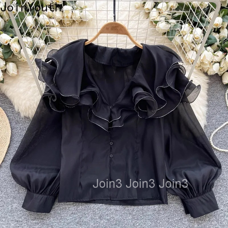 2025 Camisas De Mujer Women Shirts Loose Temperament Tops Ruffles Long Sleeve Blouses Lantern Sleeve Loose Vintage Summer Blouse