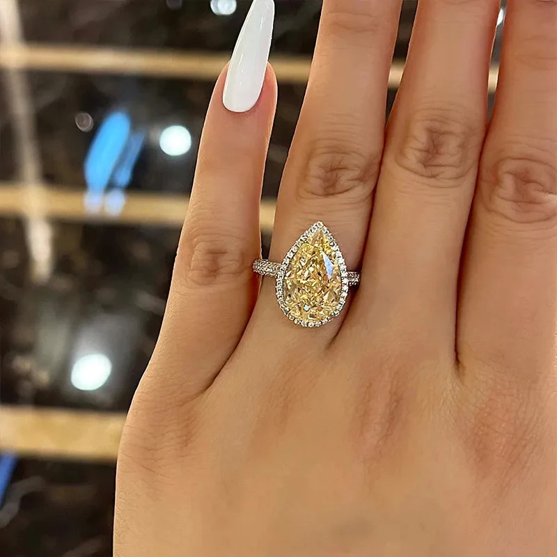 Huitan Big Pear Yellow/Pink Cubic Zirconia Rings for Women Wedding Engagement Band Accessories Gorgeous Ladies Jewelry 250617