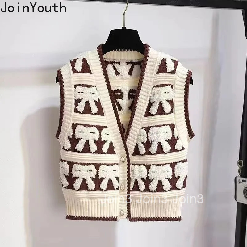 Vintage Sweater Vest Coat Women Clothing V-neck Sleeveless Bow Waistcoat 2025 Ropa Mujer Loose Fashion Korean Knitted Tanks Tops